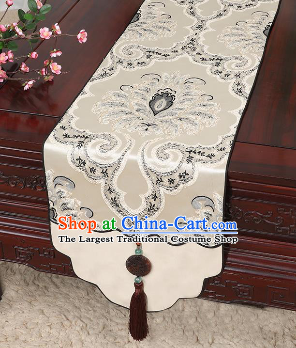 Chinese Classical Household Ornament Jade Pendant Tassel Khaki Brocade Table Flag Traditional Handmade Table Cover Cloth