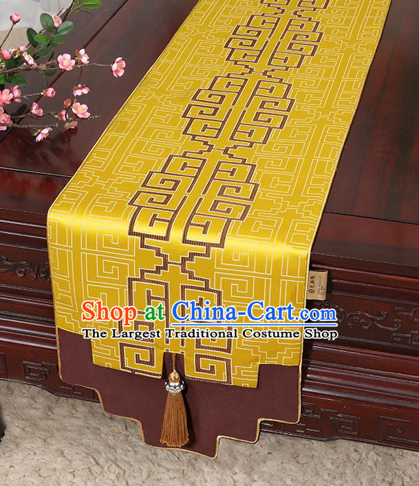 Chinese Classical Household Ornament Bright Yellow Brocade Table Flag Traditional Handmade Jade Pendant Table Cover Cloth