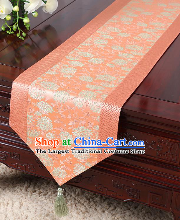 Chinese Traditional Table Cloth Classical Handmade Household Ornament Chrysanthemum Pattern Pink Brocade Table Flag