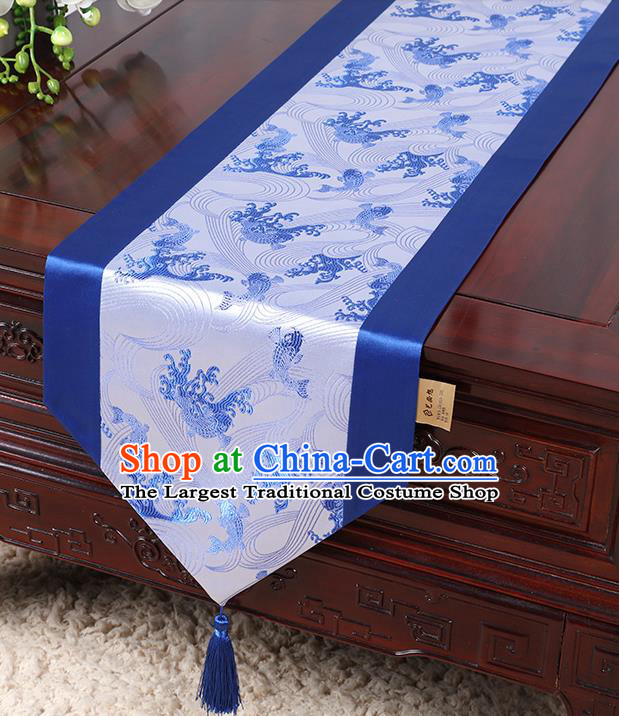 Chinese Traditional Table Cloth Classical Handmade Household Ornament Wave Pattern Royalblue Brocade Table Flag