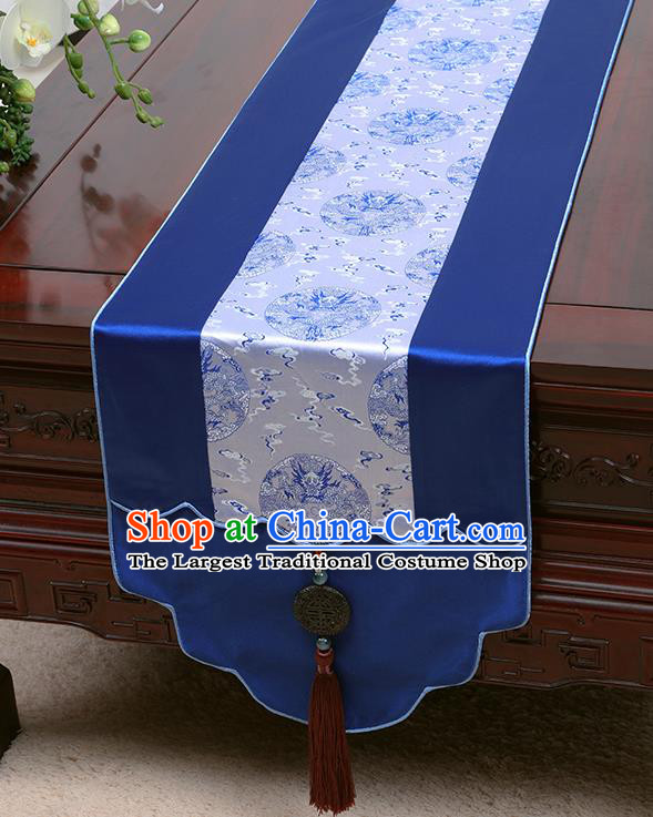 Chinese Traditional Royalblue Brocade Table Cloth Classical Dragons Pattern Household Ornament Table Flag