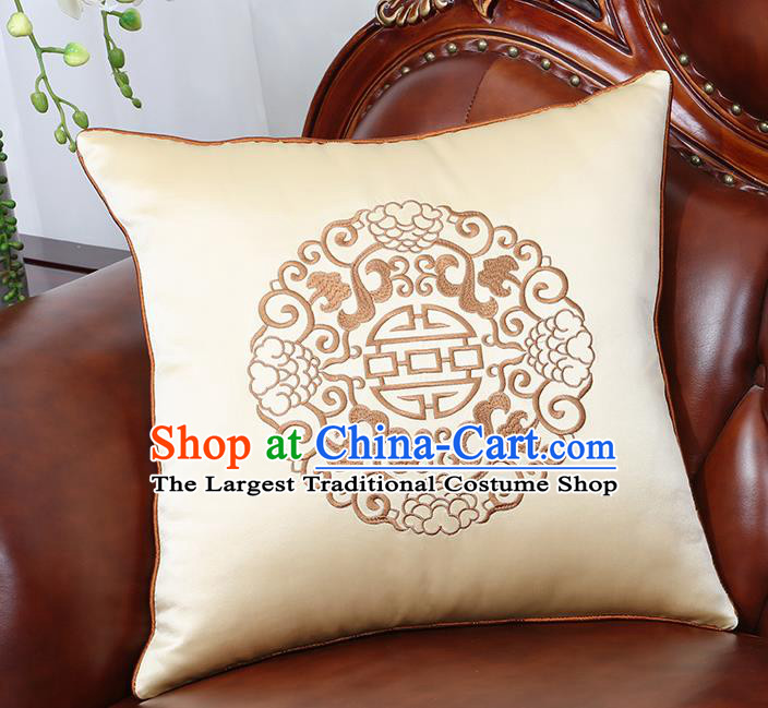 Chinese Traditional Embroidered Beige Brocade Back Cushion Cover Classical Household Ornament