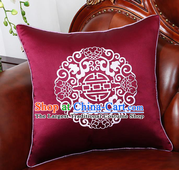 Chinese Traditional Embroidered Wine Red Brocade Back Cushion Cover Classical Household Ornament