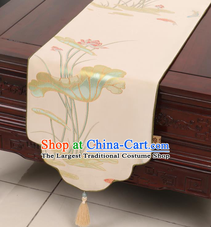 Chinese Traditional Lotus Pattern Beige Brocade Table Cloth Classical Satin Household Ornament Table Flag