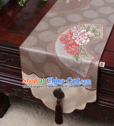 Chinese Traditional Peony Pattern Khaki Brocade Table Cloth Classical Household Ornament Table Flag