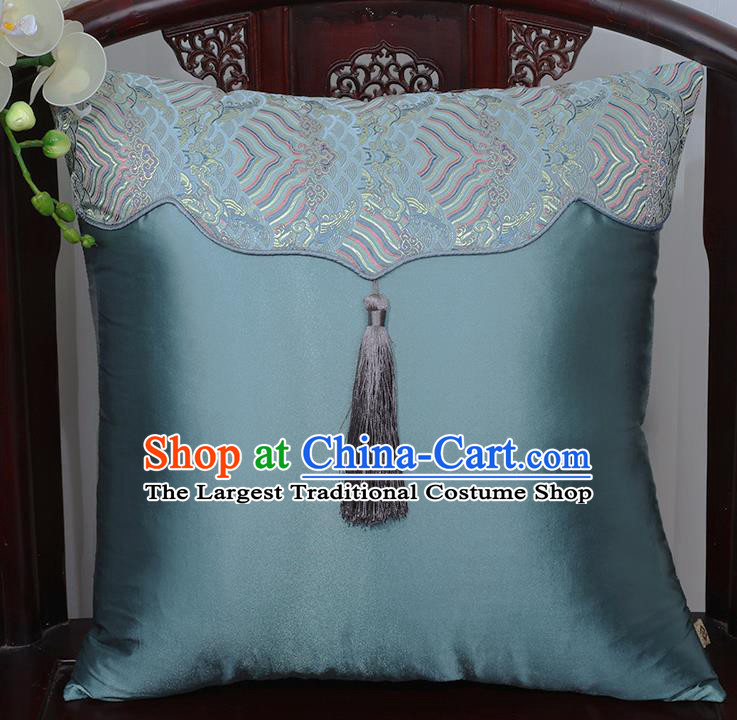 Chinese Traditional Pattern Blue Brocade Tassel Back Cushion Cover Classical Household Ornament