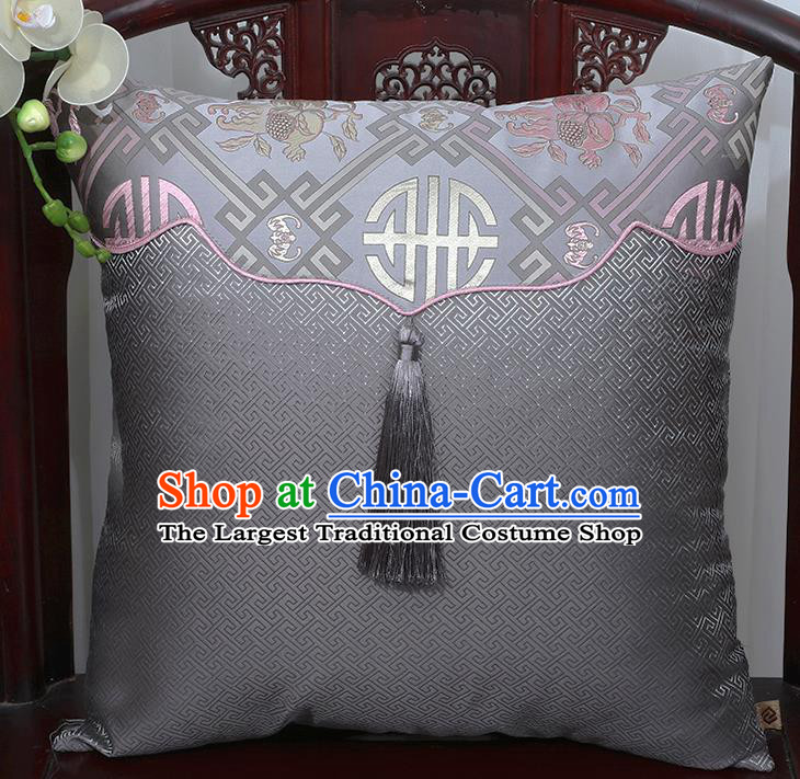 Chinese Traditional Pattern Grey Brocade Tassel Back Cushion Cover Classical Household Ornament