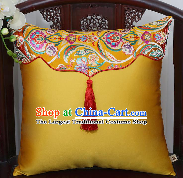 Chinese Traditional Peony Pattern Golden Brocade Tassel Back Cushion Cover Classical Household Ornament