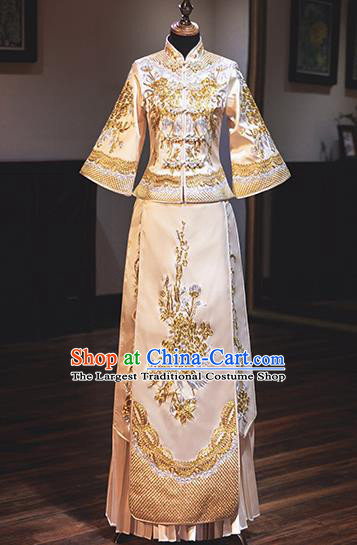 Chinese Traditional Wedding Costumes Bride Toast White Xiuhe Suits Ancient Embroidered Peony Full Dress for Women