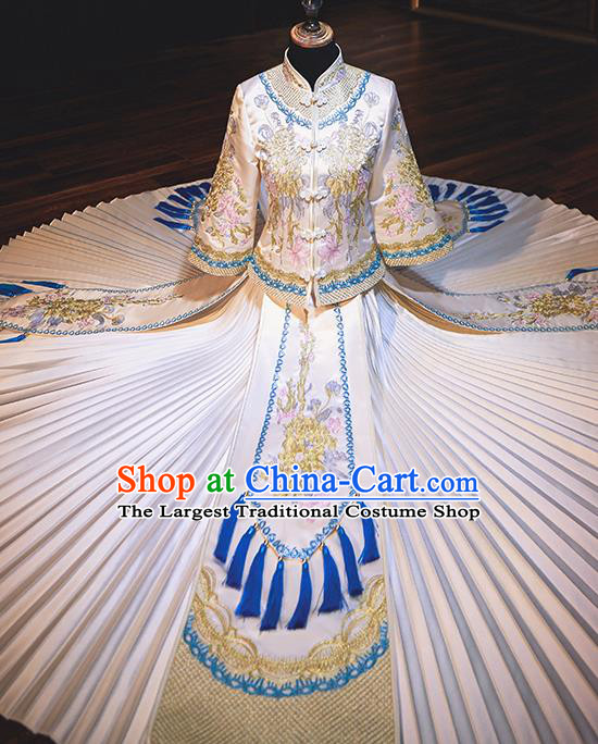 Chinese Traditional Wedding Costumes Bride Toast Blue Tassel Xiuhe Suits Ancient Embroidered Full Dress for Women