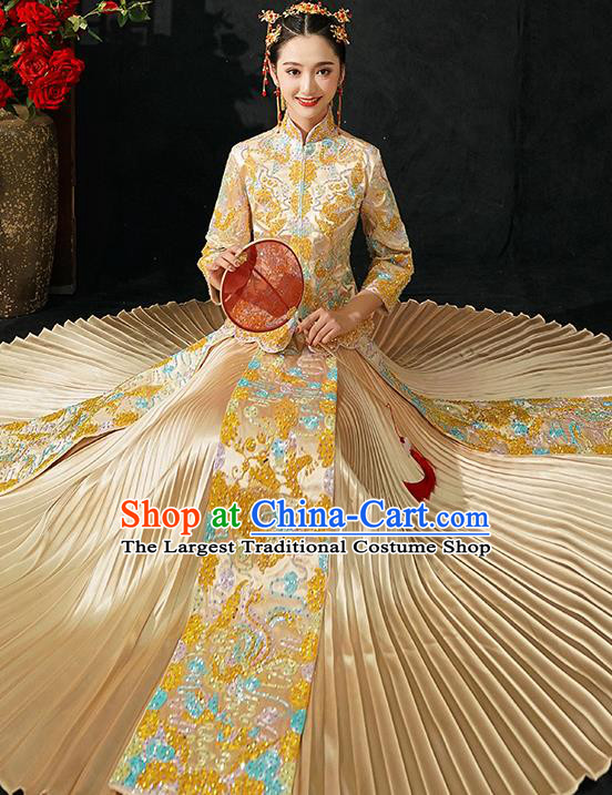 Chinese Traditional Wedding Costumes Bride Toast Golden Xiuhe Suits Ancient Embroidered Full Dress for Women