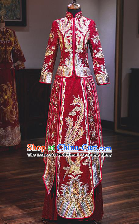 Chinese Traditional Wedding Costumes Embroidered Phoenix Red Xiuhe Suits Ancient Bride Toast Full Dress for Women