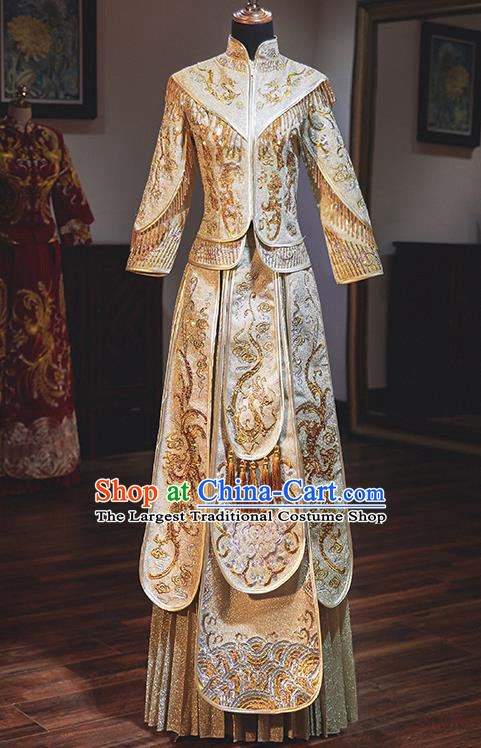 Chinese Traditional Wedding Costumes Embroidered Phoenix Golden Xiuhe Suits Ancient Bride Toast Full Dress for Women