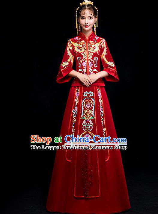 Chinese Traditional Bride Toast Embroidered Red Xiuhe Suits Ancient Wedding Costumes for Women