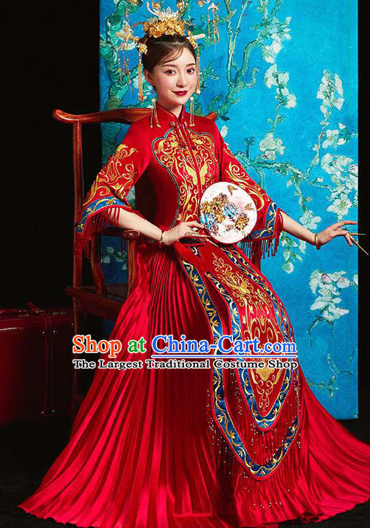 Chinese Traditional Bride Toast Embroidered Butterfly Red Xiuhe Suits Ancient Wedding Costumes for Women