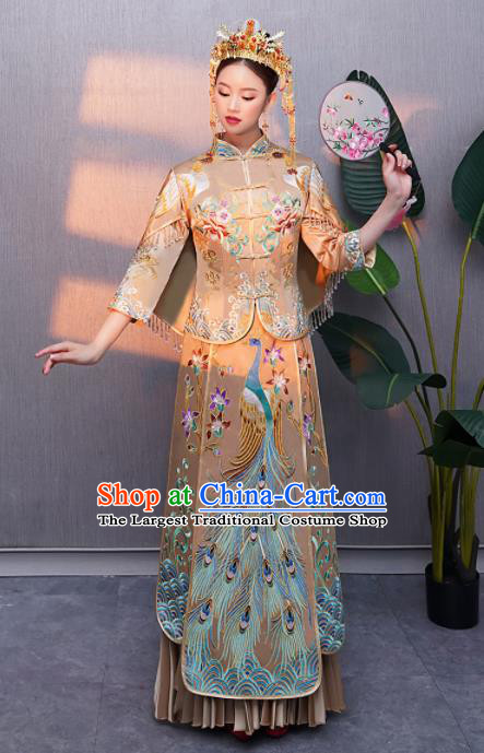 Chinese Traditional Bride Embroidered Peacock Xiuhe Suits Ancient Handmade Wedding Costumes for Women