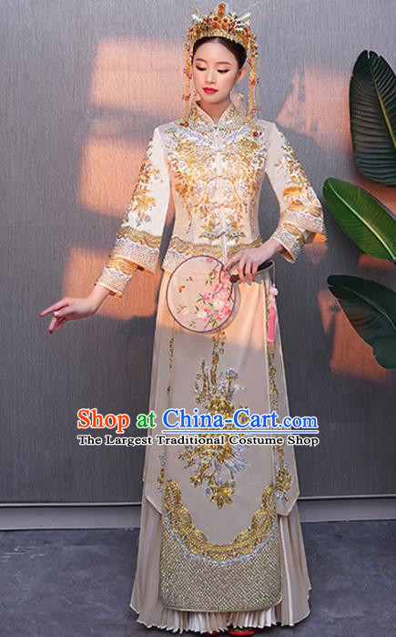 Chinese Traditional Bride Embroidered Peony White Xiuhe Suits Ancient Handmade Wedding Costumes for Women