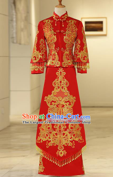 Chinese Traditional Bride Embroidered Xiuhe Suits Ancient Handmade Red Wedding Costumes for Women