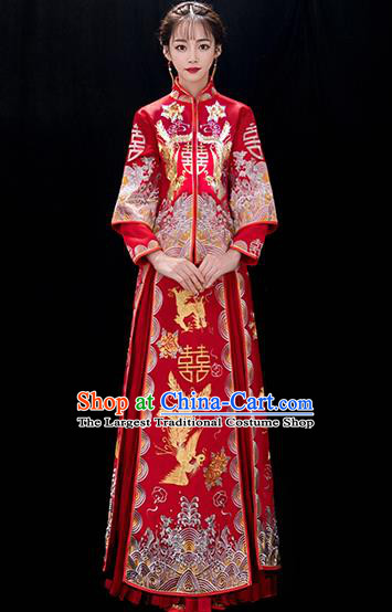 Chinese Traditional Bride Embroidered Phoenix Red Xiuhe Suits Ancient Handmade Wedding Costumes for Women