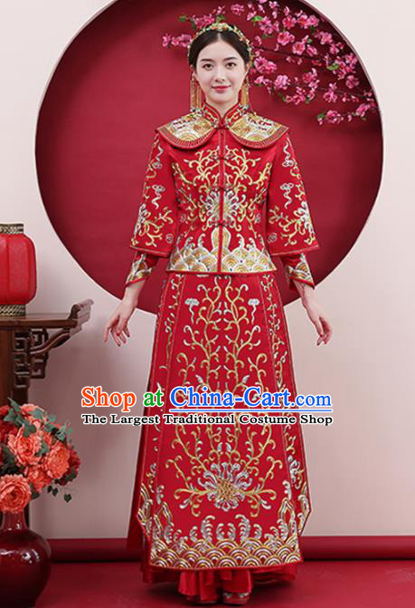 Chinese Traditional Bride Gilding Red Xiuhe Suits Ancient Handmade Wedding Costumes for Women