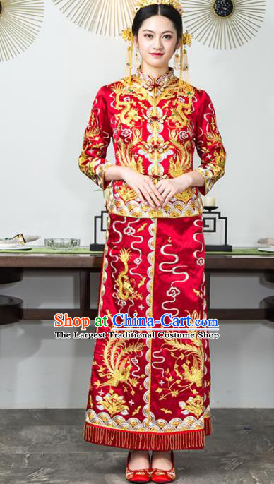 Chinese Traditional Bride Red Silk Xiuhe Suits Ancient Handmade Embroidered Wedding Costumes for Women