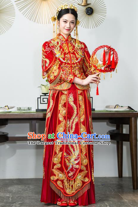 Chinese Traditional Bride Xiuhe Suits Ancient Handmade Red Embroidered Wedding Dresses for Women