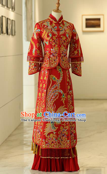 Chinese Traditional Bride Xiuhe Suits Ancient Handmade Red Embroidered Phoenix Wedding Dresses for Women