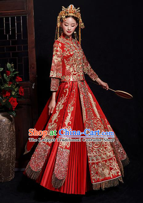 Chinese Traditional Bride Embroidered Tang Suit Xiuhe Suits Ancient Handmade Red Wedding Costumes for Women