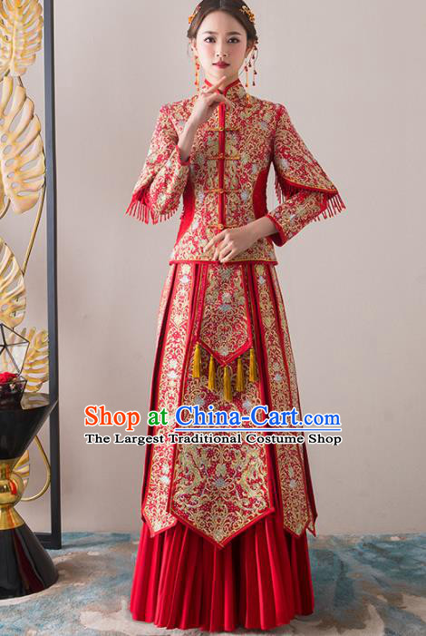 Chinese Traditional Bride Embroidered Slim Xiuhe Suits Ancient Handmade Red Wedding Dresses for Women