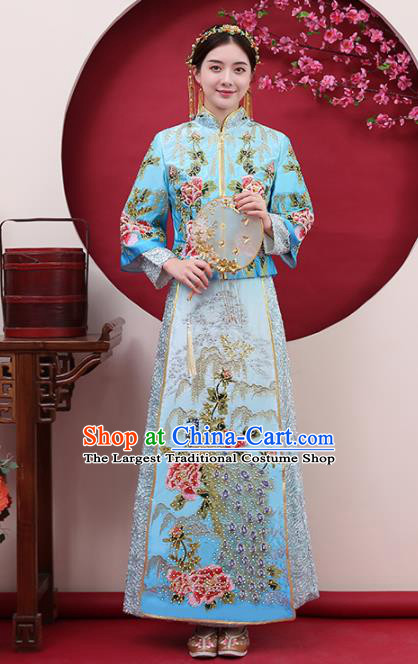 Chinese Traditional Bride Diamante Peacock Blue Xiuhe Suits Ancient Handmade Wedding Costumes for Women