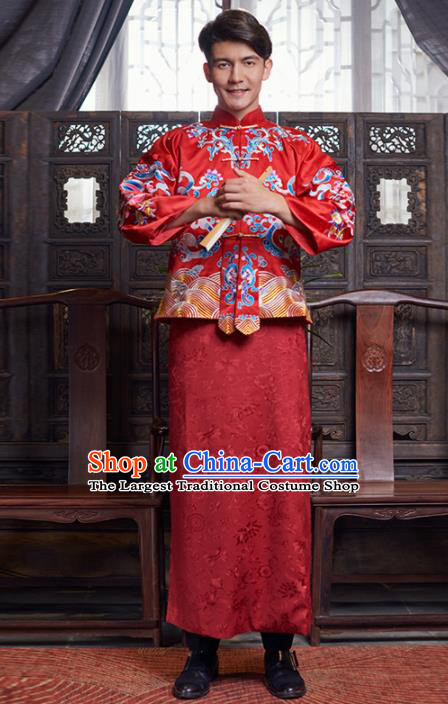 Chinese Traditional Wedding Red Mandarin Jacket Gown Ancient Bridegroom Embroidered Costumes for Men