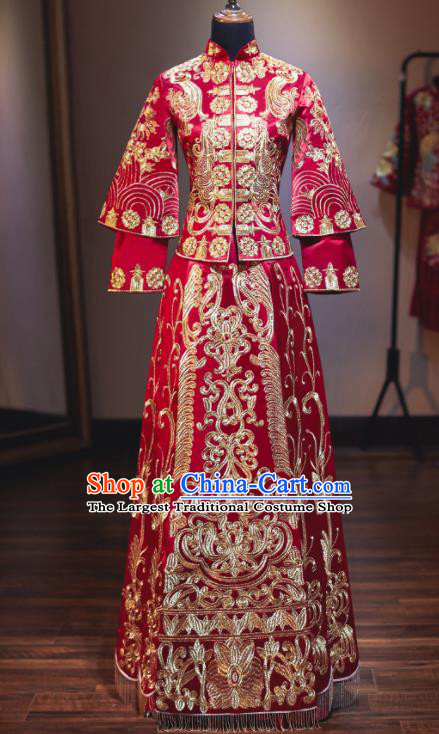 Chinese Traditional Embroidered Wedding Dress Cheongsam Ancient Bride Handmade Xiuhe Suits Costumes for Women