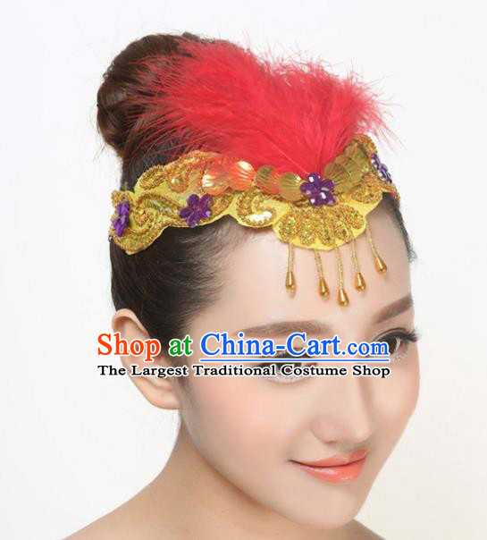 Chinese Traditional Folk Dance Hair Accessories Classical Dance Red Feather Hair Clasp for Women