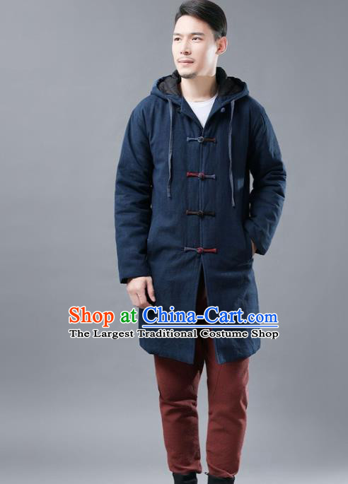 Chinese Traditional Costume Tang Suits National Shirts Mandarin Navy Cotton Padded Coat for Men