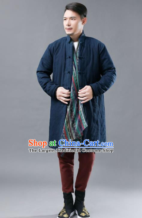 Chinese Traditional Costume Tang Suits Navy Cotton Padded Coat National Navy Mandarin Shirt for Men