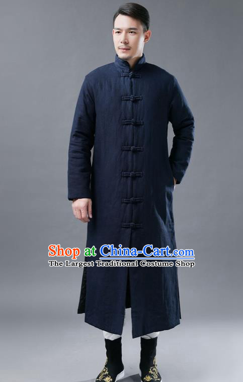 Chinese Traditional Costume Tang Suits National Mandarin Navy Cotton Padded Long Coat for Men