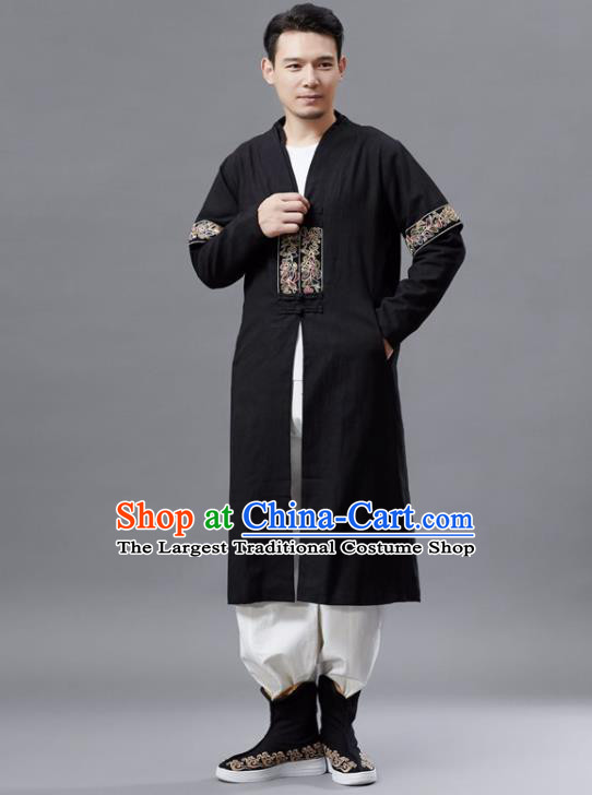 Chinese Traditional Costume Tang Suit Black Dust Coat National Mandarin Gown for Men