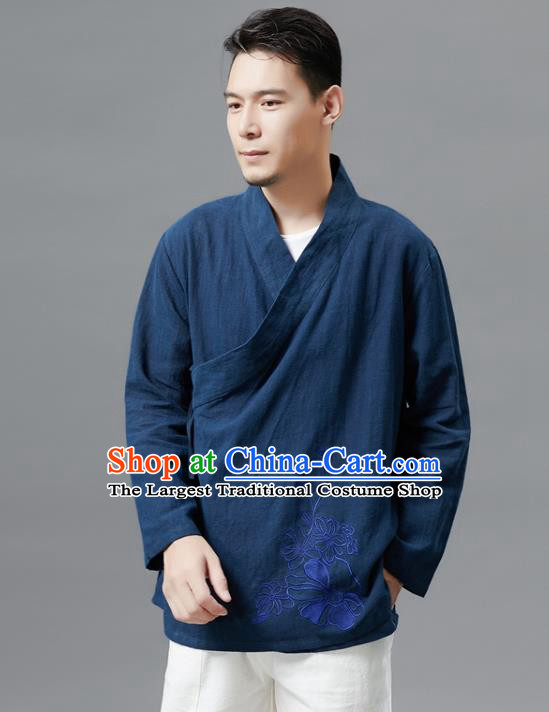 Chinese Traditional Costume Tang Suit Navy Shirts National Mandarin Outer Garment for Men