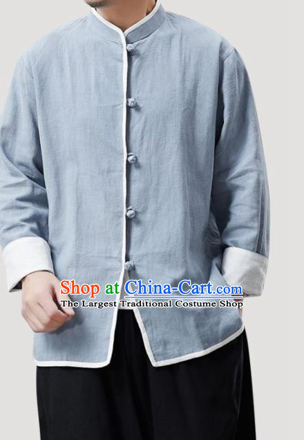 Chinese Traditional Costume Tang Suit Blue Shirts National Mandarin Outer Garment for Men