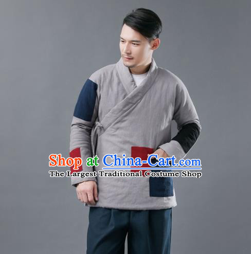 Chinese Traditional Costume Tang Suits Cotton Padded Jacket National Grey Mandarin Shirt for Men