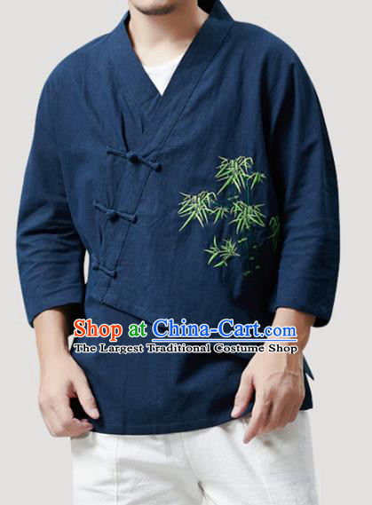 Chinese Traditional Costume Tang Suit Embroidered Bamboo Navy Shirts National Mandarin Outer Garment for Men