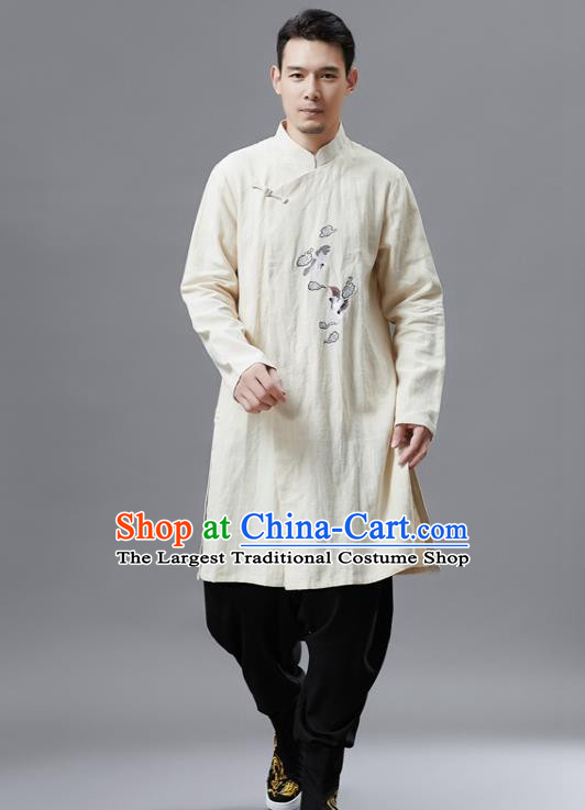 Chinese Traditional Costume Tang Suit White Gown National Mandarin Outer Garment for Men