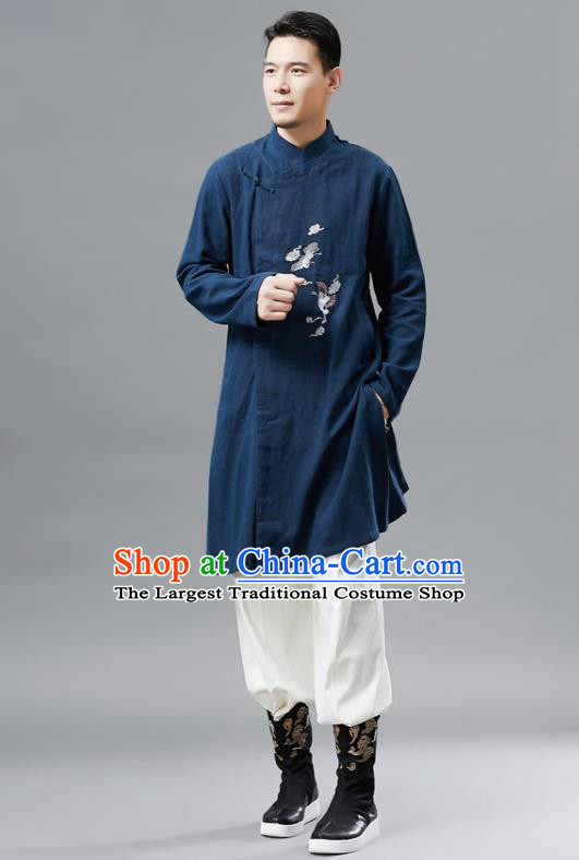 Chinese Traditional Costume Tang Suit Navy Gown National Mandarin Outer Garment for Men