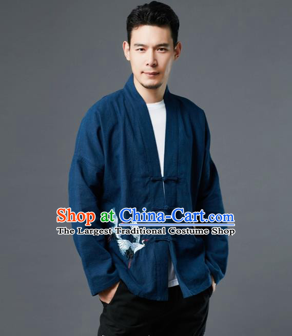 Chinese Traditional Costume Tang Suit Embroidered Cranes Navy Shirts National Mandarin Jacket for Men