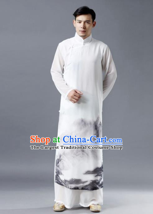 Chinese Traditional Costume Tang Suit White Robe National Mandarin Gown for Men