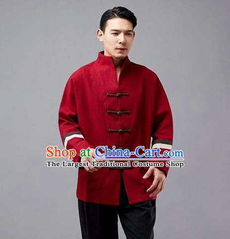 Chinese Traditional Costume Tang Suit Red Overcoat National Mandarin Jacket for Men