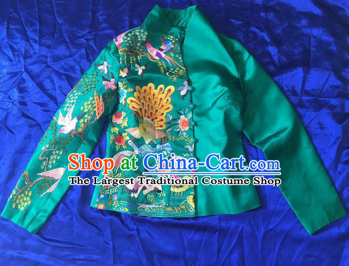 Chinese Traditional Costume Tang Suit Embroidered Green Blouse National Silk Qipao Coat for Women