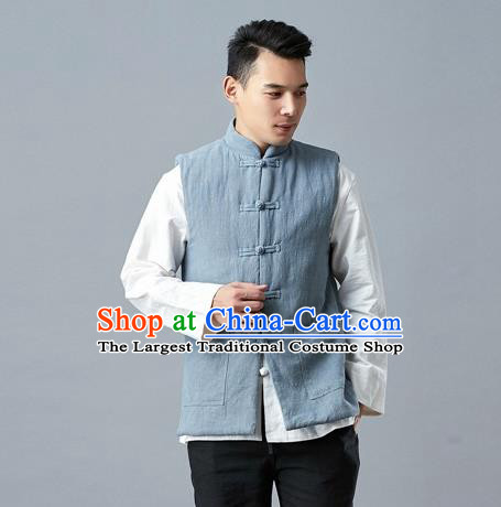 Chinese Traditional Costume Tang Suit Blue Vest National Mandarin Waistcoat for Men