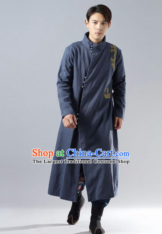 Chinese Traditional Costume Tang Suit Navy Cotton Padded Robe National Mandarin Overcoat for Men