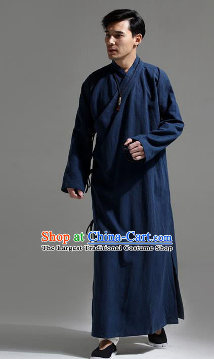 Chinese Traditional Costume Tang Suit Slant Opening Robe National Navy Mandarin Gown for Men